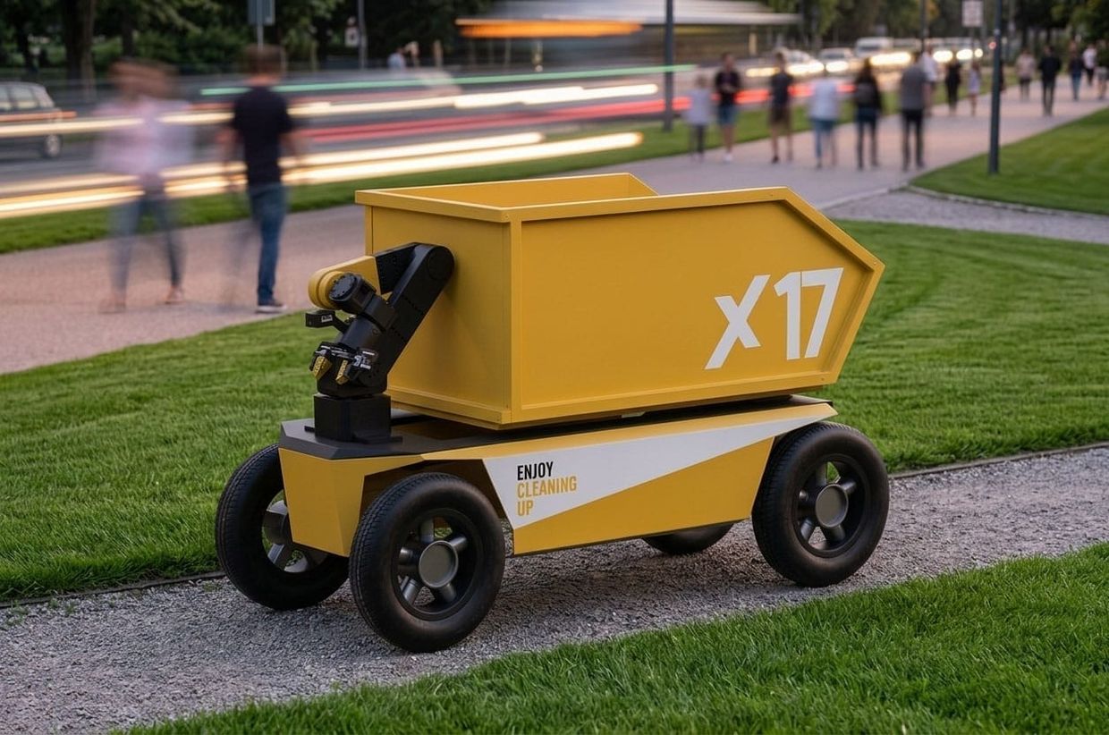 De X17 met grijparm op een grindpad in een park