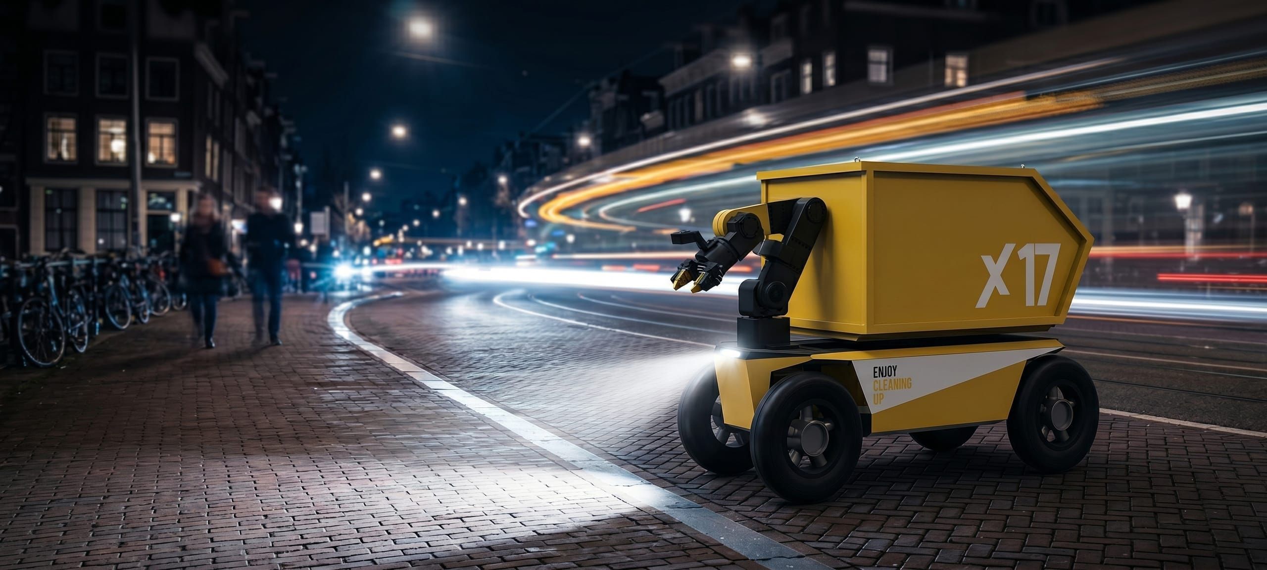 De X17 opruimrobot met grijparm in een stad bij avond